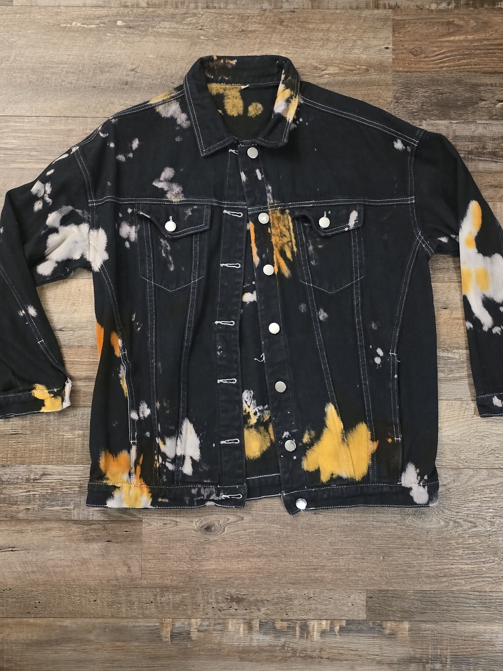 Custom Black Denim Jacket with Yellow & White Bleach Splatter. Size S